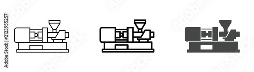 Flat vector illustration of an industrial injection molding machine used for plastic manufacturing, polymer processing, and automated factory production line designs.
