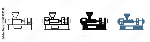 Clean vector icon of an injection molding machine for plastic manufacturing and industrial production design projects in UI UX and engineering applications.