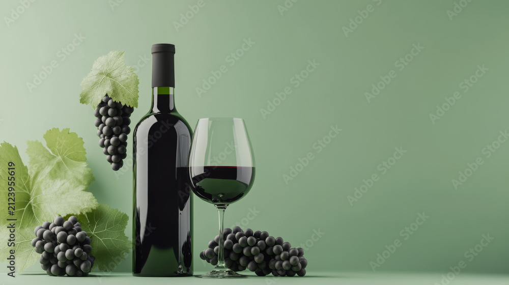 Obraz premium Elegant Wine Bottle and Glass with Grapes on Colorful Background