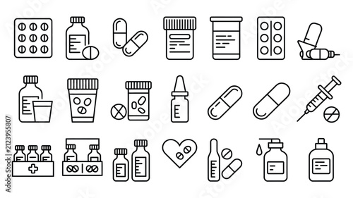Obraz na plátně Pharmaceutical dosage forms icon set, medicine, capsule, tablet, syrup, injection, ointment, healthcare, pharmacy, editable stroke vector, isolated on transparent background