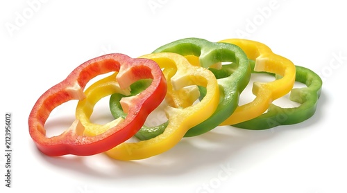 Fresh sliced bell peppers in red, yellow, and green colors isolated on white background