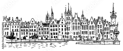 European old town waterfront architecture in traditional ink drawing style