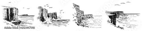 Coastal sea cliffs and rocky ocean shoreline in fine line sketch style