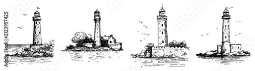 Lighthouse buildings on rocky coastal islands in classic vintage engraving style