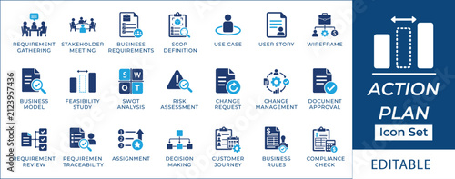 Action plan solid icon set. Featuring strategic execution, project roadmap, task priority, and risk management. Vector icons for business presentation and strategy app.