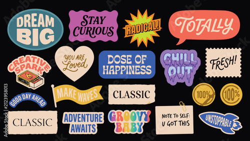 Obraz na płótnie Colorful collage of motivational phrase stickers on black background with playfu