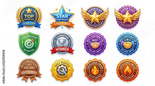 Set of twelve vibrant 3D achievement and award badges featuring metallic textures, stars, laurels, ribbons, and various symbols on a white background.