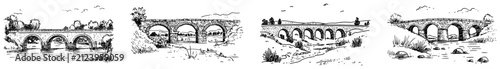 Stone arched bridges crossing rivers in scenic rural landscapes in detailed line art style