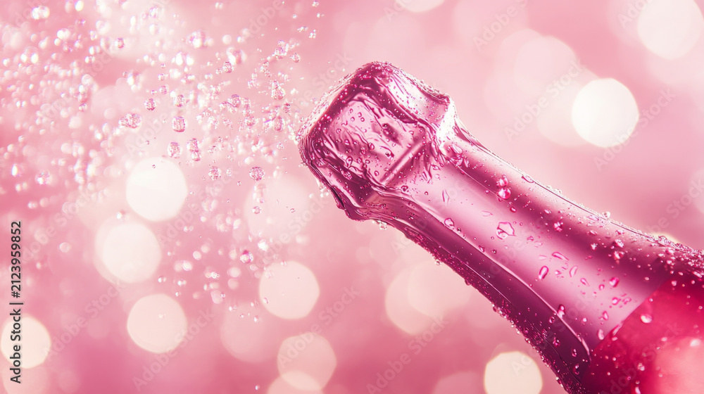 Obraz premium Pink Champagne Bottle with Bubbles on Sparkling Background