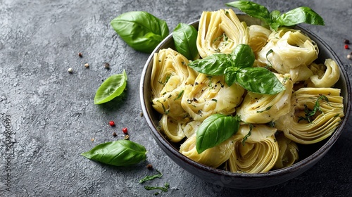 Fresh Artichoke Pasta Dish with Basil Garnish.