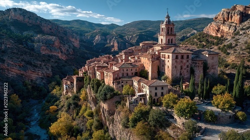 Historic Mountain Village with Church and Scenic Landscape.