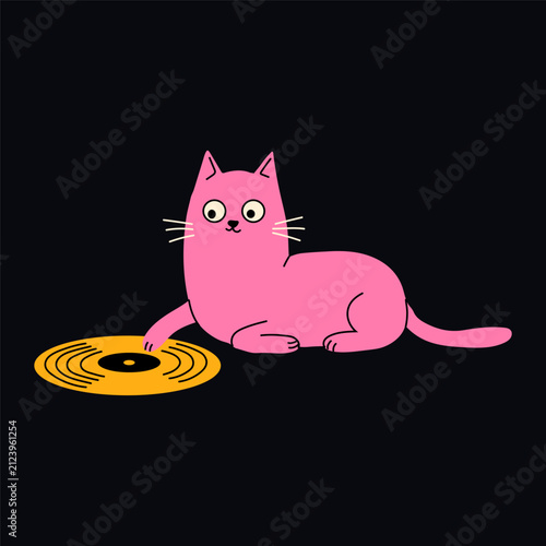 Pink Cat Touching Yellow Vinyl Record