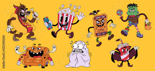 Halloween Monster Character Collection on Yellow Background