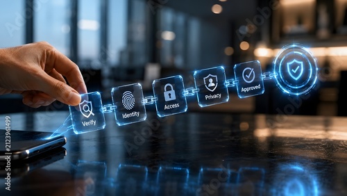 Hand pushing digital dominoes representing data privacy and security