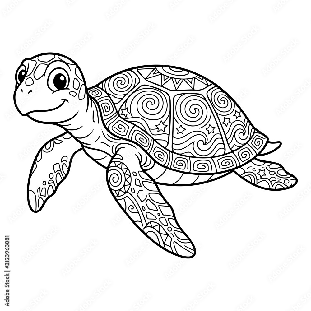 Fototapeta premium Cute sea turtle with intricate shell patterns, black and white line for children coloring book activity