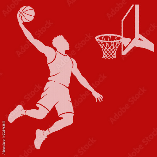 Konstfotografi Basketball player jumping for slam dunk silhouette with hoop background in red stippled halftone effect graphic art