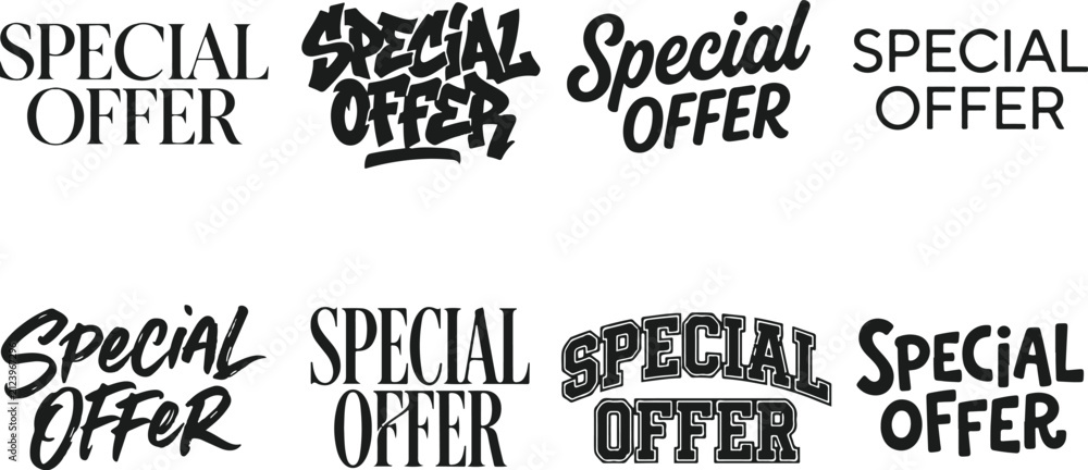 Obraz premium Collection of creative special offer typography designs featuring various artistic fonts and styles for marketing and retail promotions
