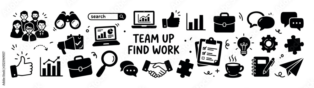 Fototapeta premium Teamwork and job search concept vector illustrations. Set of black and white business icons for productivity, communication, planning, marketing, analysis, office work, and career development