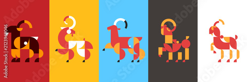 Colorful geometric goat vector icon set. Modern minimalist flat illustration collection of capricorn, ibex, and ram in vibrant mosaic style. Abstract bright animal elements for mascot or print.