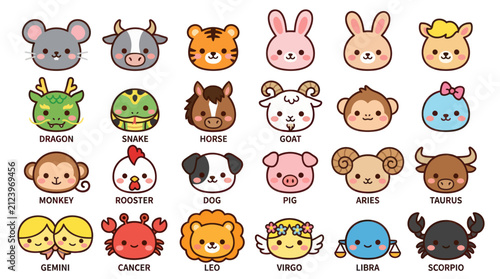 Sticker Cute animal zodiac symbols set