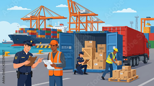 Cargo Port Logistics Illustration Featuring Shipping Containers, Freight Ship, Truck, and Customs Inspection