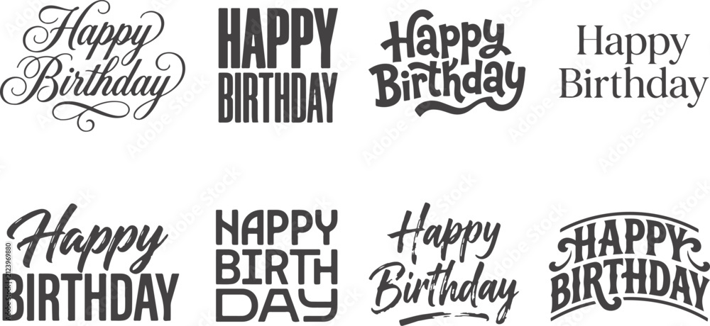 Obraz premium Collection of various happy birthday greeting card designs featuring creative black and white calligraphy and artistic typography styles