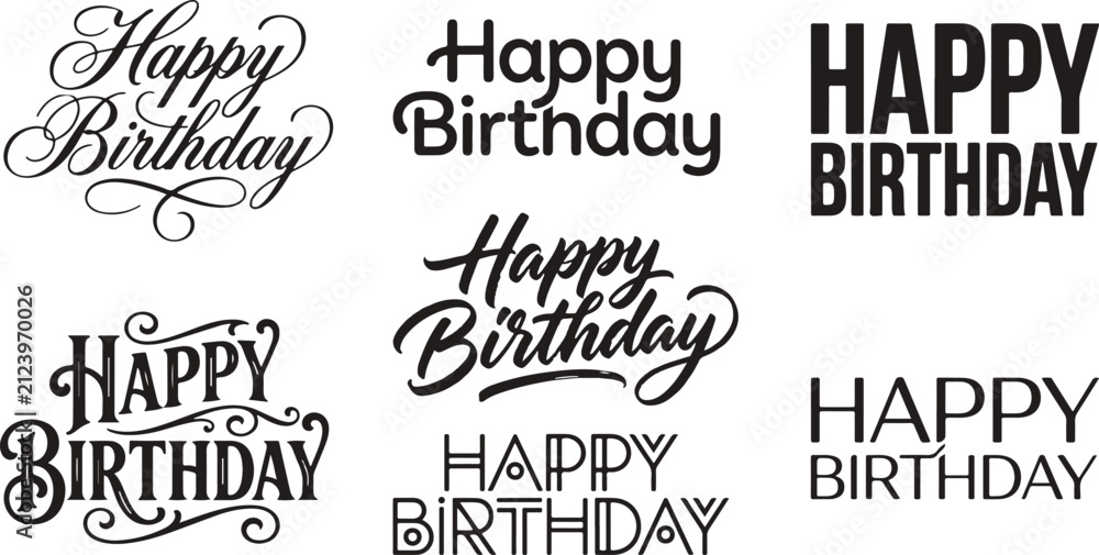 Fototapeta premium Collection of various happy birthday typography designs featuring different creative lettering styles and artistic calligraphy fonts for celebrations