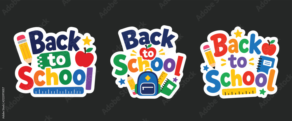 Fototapeta premium Colorful Back to School Typography Sticker Set with School Supplies and Education Elements