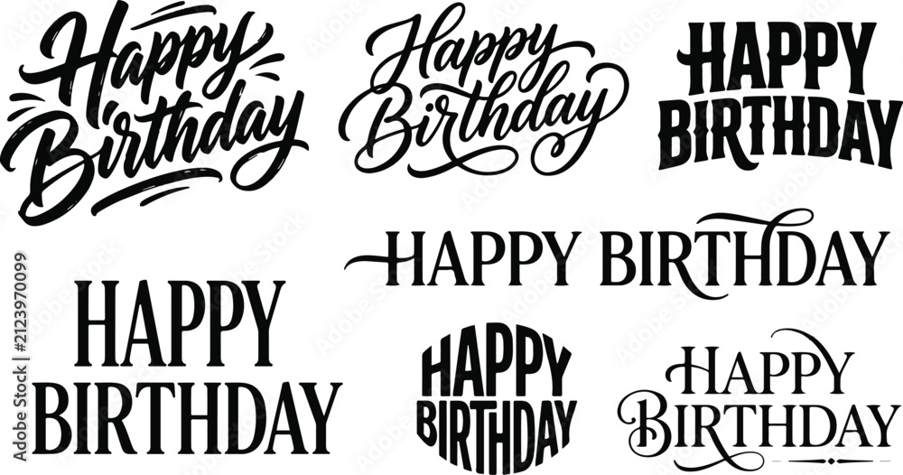 Obraz premium Collection of creative happy birthday typography designs featuring various artistic lettering styles for greeting cards and party invitations