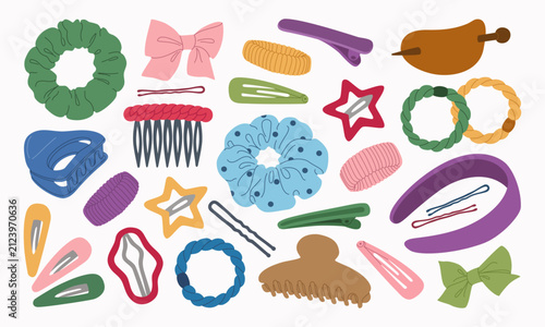 Colorful hair accessories set. Cute scrunchies, hair clips, barrettes, claw clips, headband, bows, bobby pins, combs, and elastic bands. Hand drawn vector illustration, flat cartoon style.