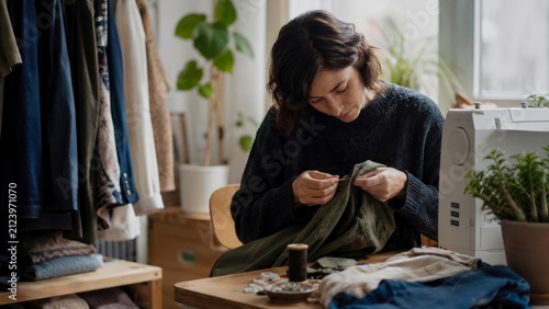 Diligent woman expertly hand-sewing and mending garment at her inviting home studio desk, surrounded by textiles and sewing machine, promoting sustainable slow fashion and creativity.