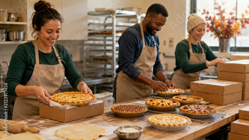 Diverse team of professional bakers wearing aprons working together in commercial kitchen to pack freshly baked assorted pies into cardboard boxes for retail sale and holiday orders