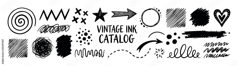 Fototapeta premium Vintage ink design elements and hand drawn graphic shapes. Collection of doodle arrows, stars, hearts, circles, scribbles, lines, brush strokes, and decorative marks for creative graphic projects