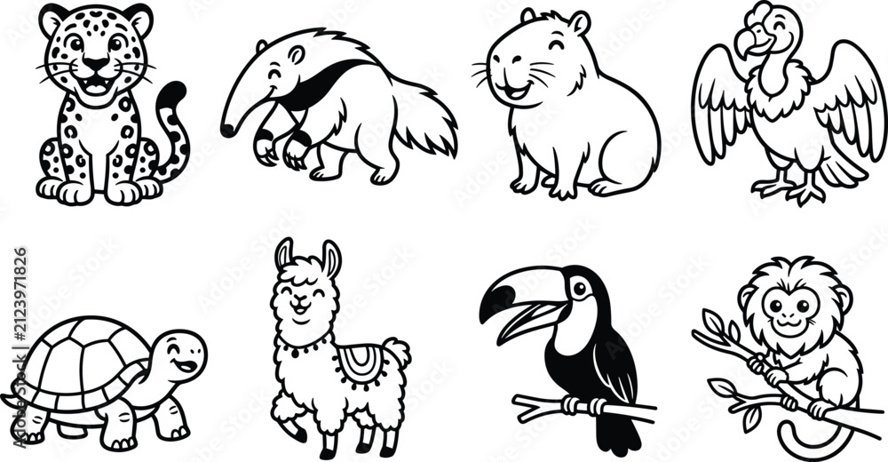 Fototapeta premium Cute Exotic Wildlife Animal Coloring Page Collection with Leopard Anteater Toucan Llama and Monkey