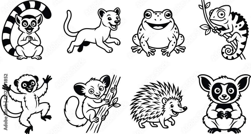 Obraz premium Cute Exotic Animal Coloring Page Collection with Lemur Frog Chameleon Hedgehog and Bush Baby