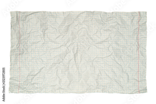 фотографія heavily crumpled checkered notebook page on white background isolated