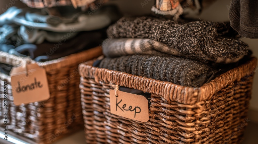 Obraz premium Wicker basket filled with folded knitted warm clothes labeled keep beside another basket labeled donate in cozy closet or storage area with soft lighting
