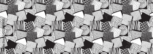  seamless pattern with black and white hand drawn triangles, ornate birds.