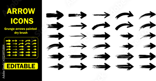 Set of artistic black paint brush arrows on a isolated transparent background layer