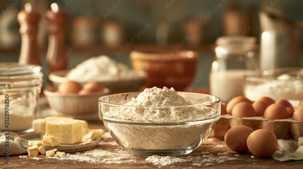 Fototapeta premium Various baking ingredients like flour, eggs, butter, and spices arranged on a kitchen counter.
