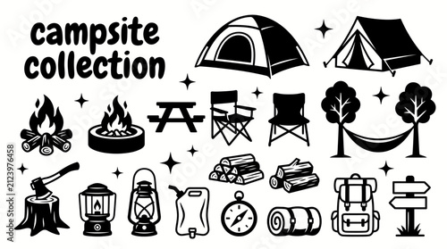 collection of campsite elements featuring tents campfires picnic tables hammocks firewood axes water containers lanterns folding chairs and nature accessories 