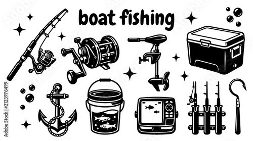 boat fishing equipment featuring marine rods conventional reels fish finders trolling motors coolers rod holders anchors bait buckets and offshore accessories set recreational boating sport fishing