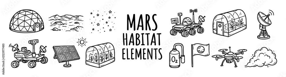 Obraz premium Mars habitat elements vector set including space dome, Martian landscape, stars, rover, solar panels, greenhouse, oxygen tank, planet flag, drone, and satellite antenna illustrations for space