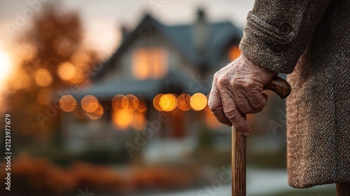Elderly Hand Holding Cane During Sunset in Village Scene.