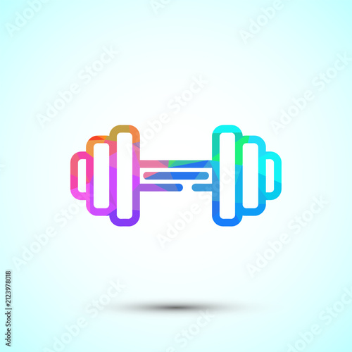 Colorful polygonal outline of a barbell on a white background, fitness equipment.