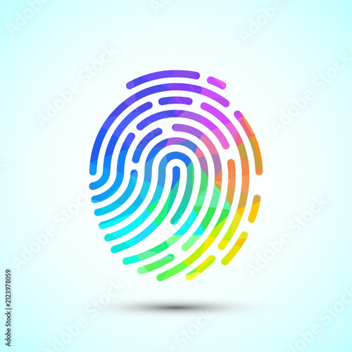 Colorful polygonal outline of a fingerprint, biometric security identification.