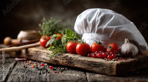Fresh Vegetables and Herbs on Rustic Wooden Board for Cooking.