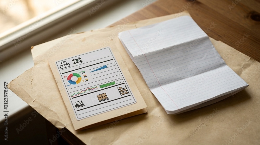 Obraz premium Nutrition-style dashboard repurposed for inventory replenishment pamphlet resting beside a folded worksheet