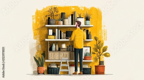 Modern Interior Home Office with Bookshelves and Plants.
