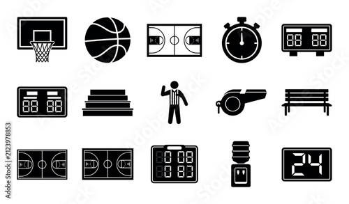 basketball and sports concept icons with hoop, ball and scoreboard for mobile app design in solid glyph style